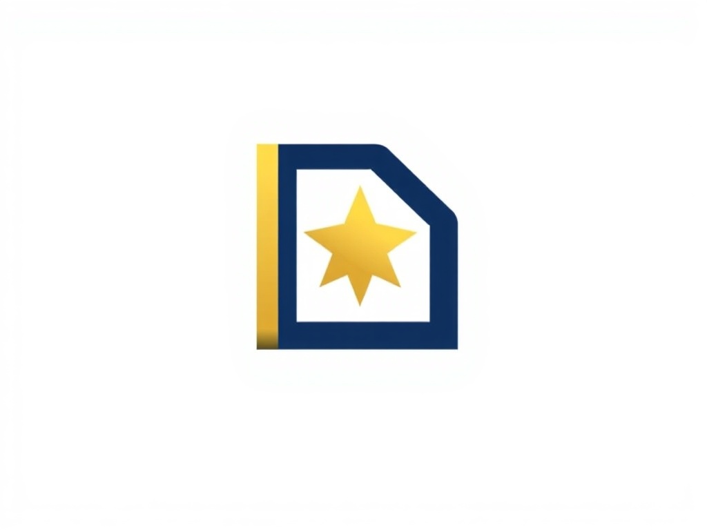 Simplified abstract logo mark: two intersecting geometric shapes forming a stylized 'D' and star, in gold and navy. Clean lines, flat design, on a transparent background.